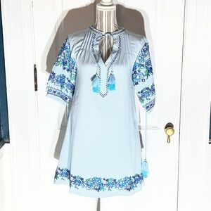 Embroidered Blue mini dress R vioimos small boho floral v neck cottage D369